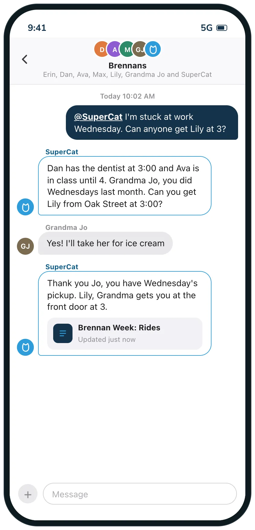 The family group chat: a parent stuck at work asks who can get the youngest on Wednesday, SuperCat checks who is free and asks the grandmother, and she says yes.