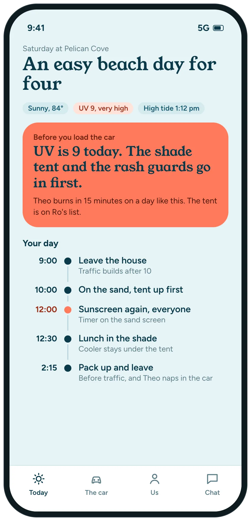 The home screen of a beach day plan: sunny, UV 9 and high tide, one thing to do before loading the car in an orange panel, shade tent and rash guards first, and a timeline from leaving the house at 9 to packing up at 2:15.