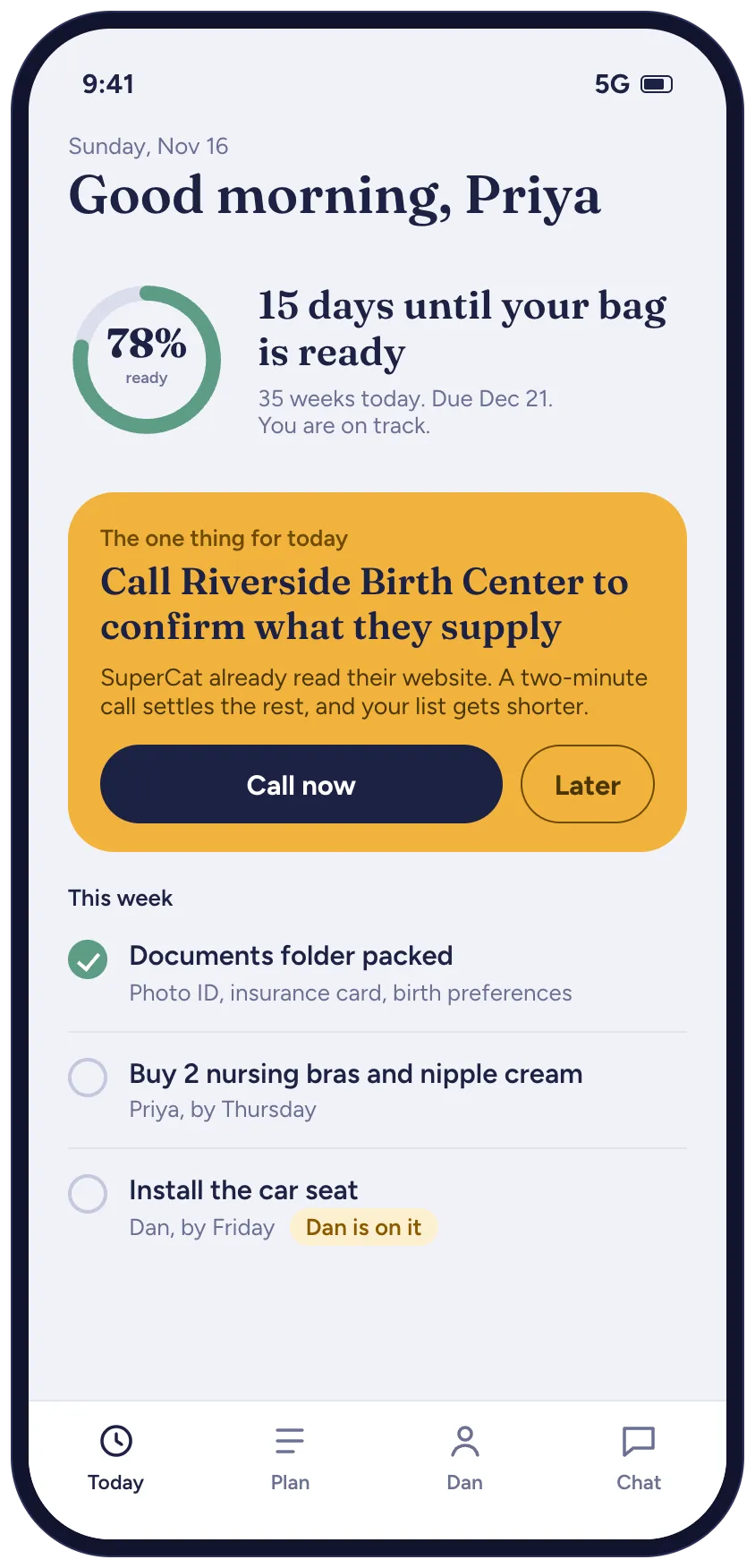 The home screen of a hospital bag tool. A ring shows 78% ready, 15 days until the bag is ready, one thing to do today in a yellow panel, and three jobs this week.