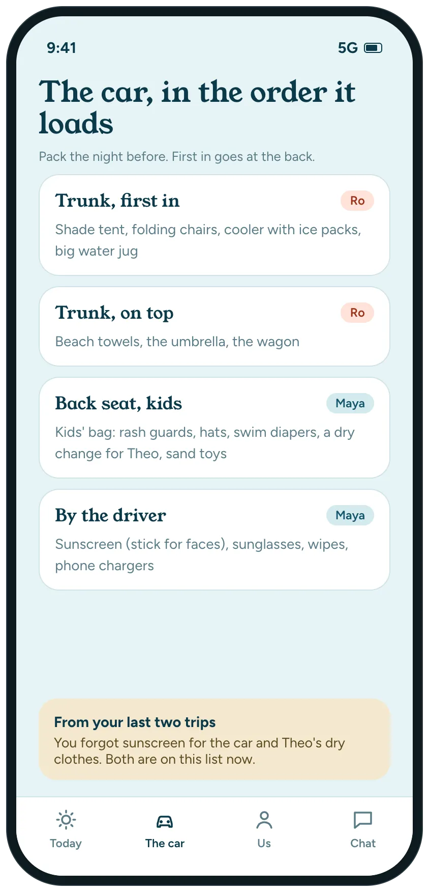 A screen listing the car in the order it loads, by zone, with who packs each zone, and a note about what the family forgot on the last two trips.