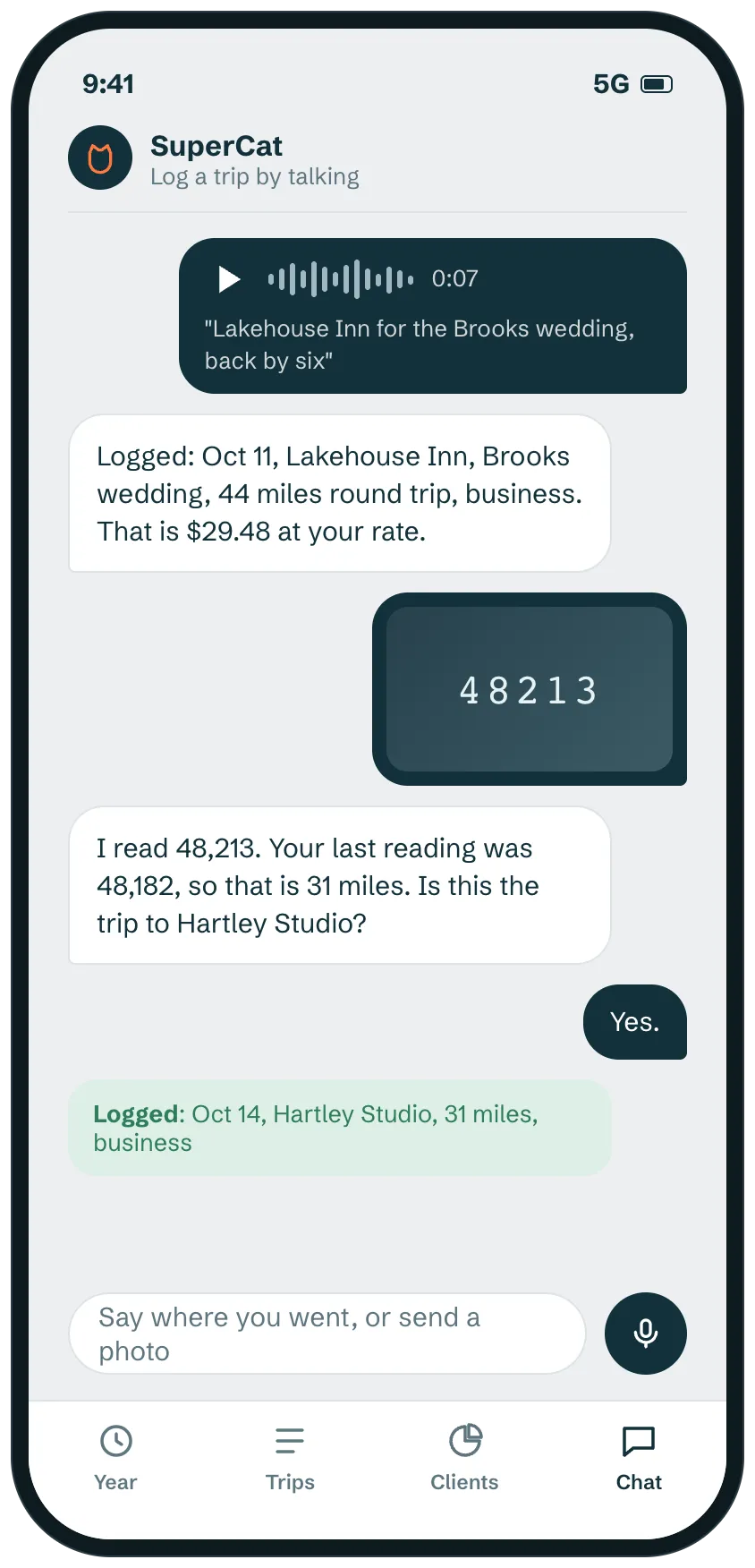 A chat with SuperCat where the person logs a trip with a voice note and another by sending a photo of the odometer, and SuperCat records the date, place, client and miles.