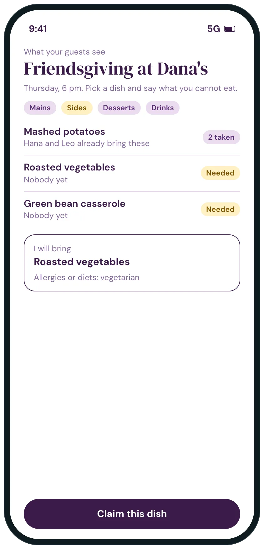 The page guests see: pick a dish by category, see which dishes are already taken, say what you cannot eat, and a button to claim a dish.