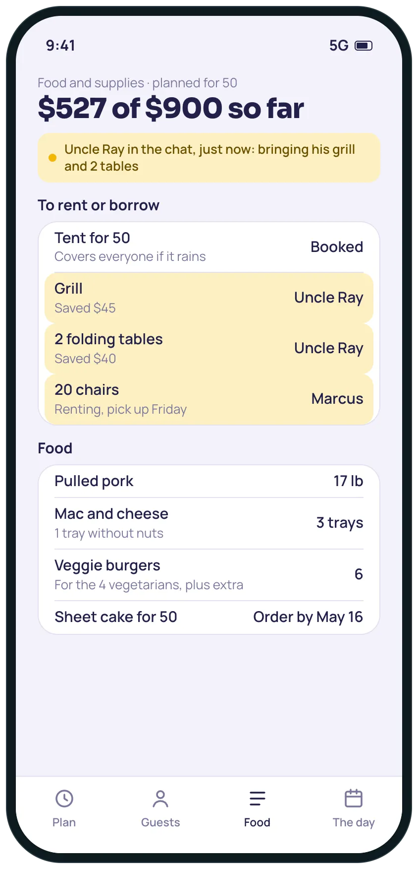 The food and supplies page right after: the grill, tables and chairs highlighted as just updated from the chat, the budget at 527 of 900 dollars, and the food planned for 50.