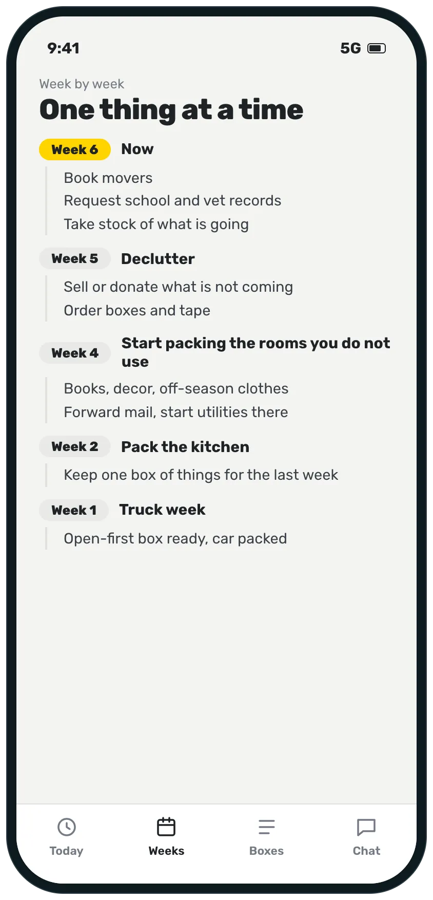 A week-by-week moving plan from week 6 to week 1, with what to do in each week.