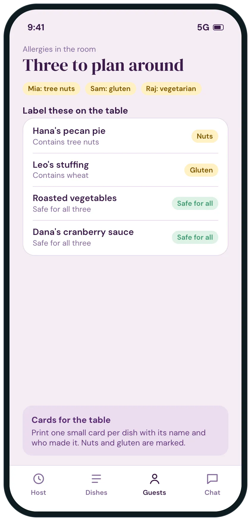 A screen listing three allergies and diets in the room and labelling each dish as safe for all, contains nuts or contains gluten, with a note about printing cards for the table.