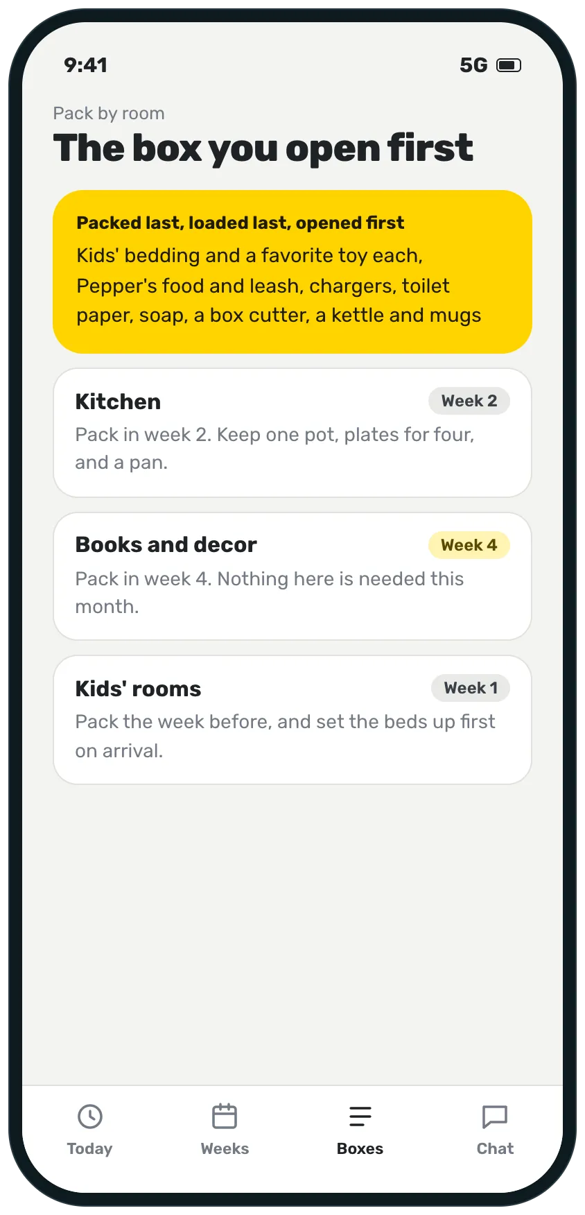 A pack-by-room screen with a box to open first for the kids, the dog and the basics, and when to pack the kitchen, books and kids rooms.