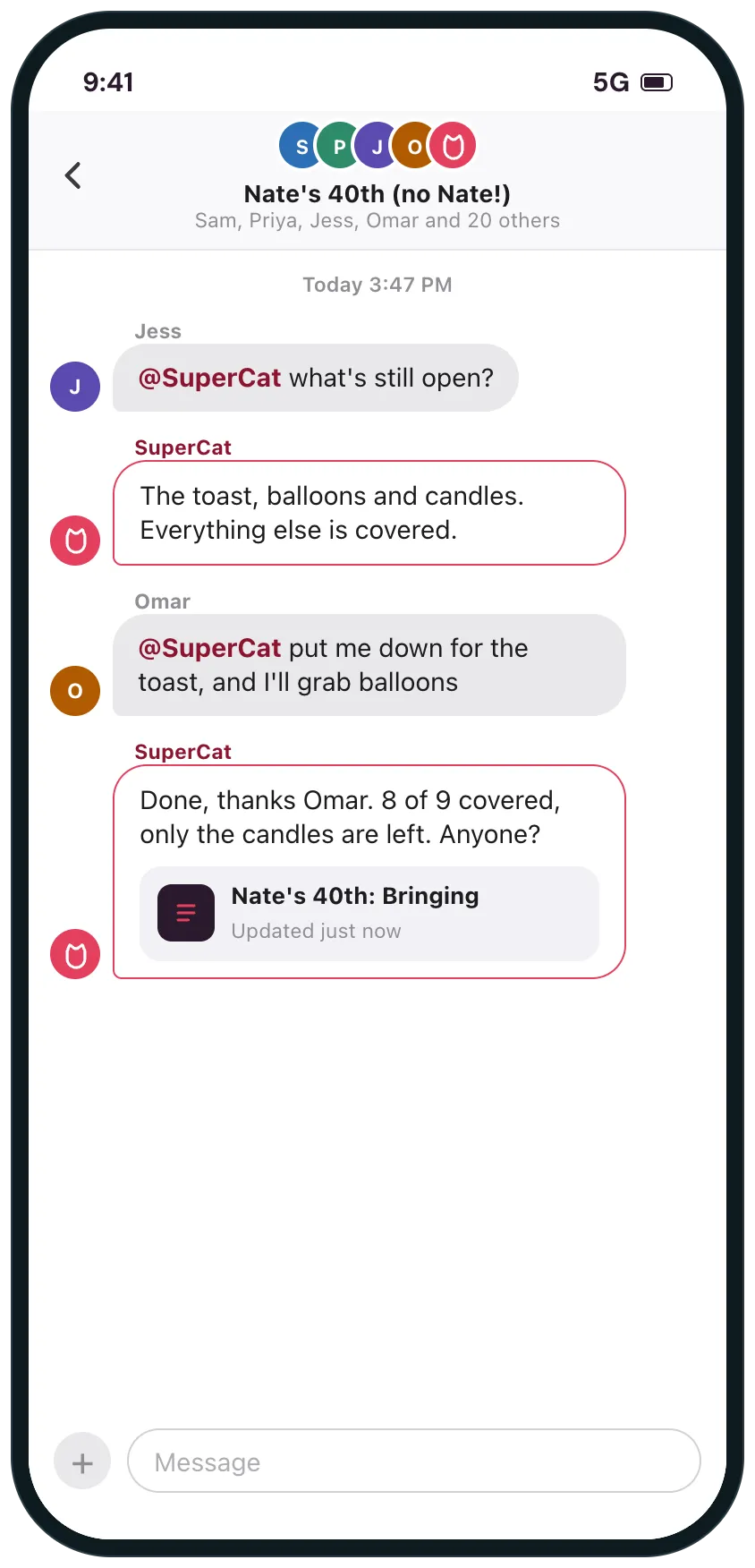 Later in the same chat, someone asks SuperCat what is still open and Omar takes the toast and balloons, and SuperCat updates the list to 8 of 9 covered.