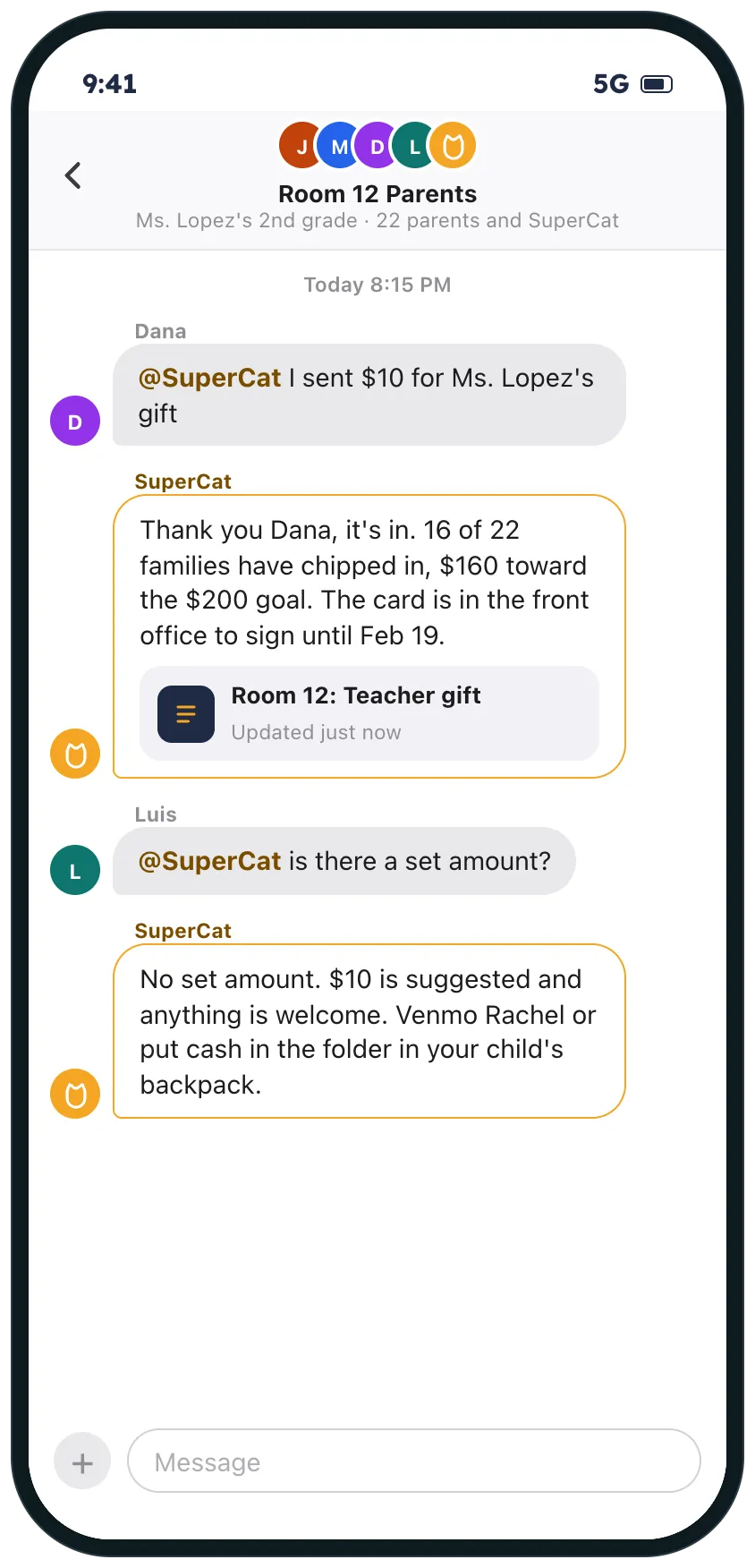 Later in the same chat, a parent tells SuperCat she sent 10 dollars for the teacher gift, and SuperCat gives the total so far and answers that there is no set amount.