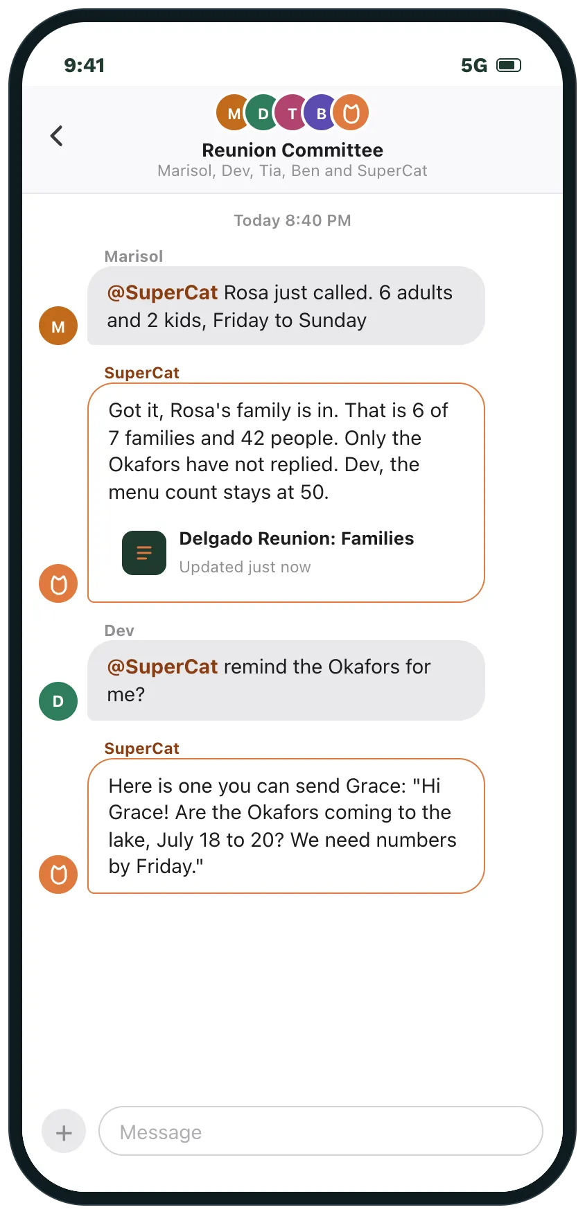 Later in the same chat, Marisol tells SuperCat that Rosa's family is coming, and SuperCat updates the count to 6 of 7 families and drafts a reminder for the last family.