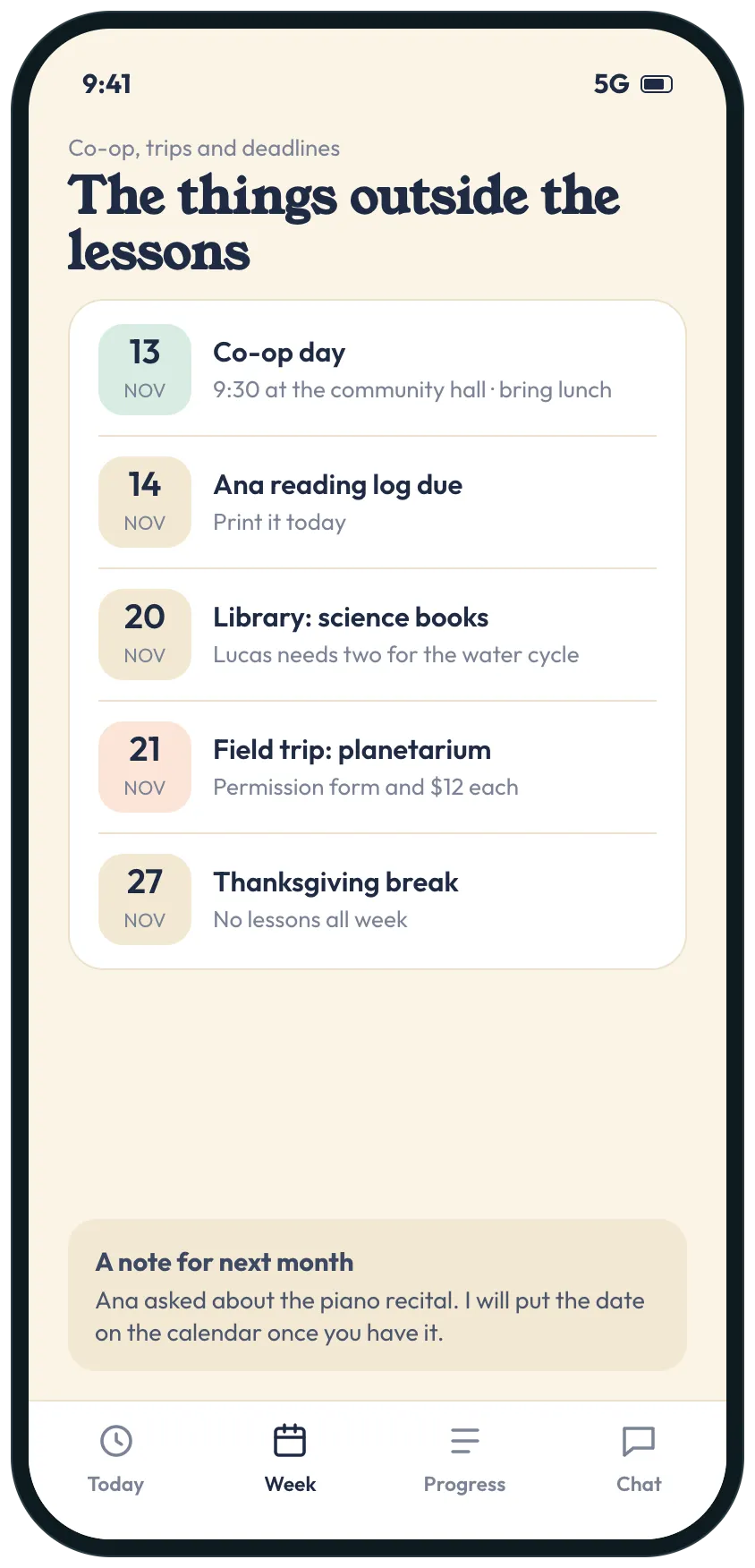 A list of co-op, trips and deadlines in November, including co-op day, a reading log due, library science books, a planetarium field trip and Thanksgiving break.