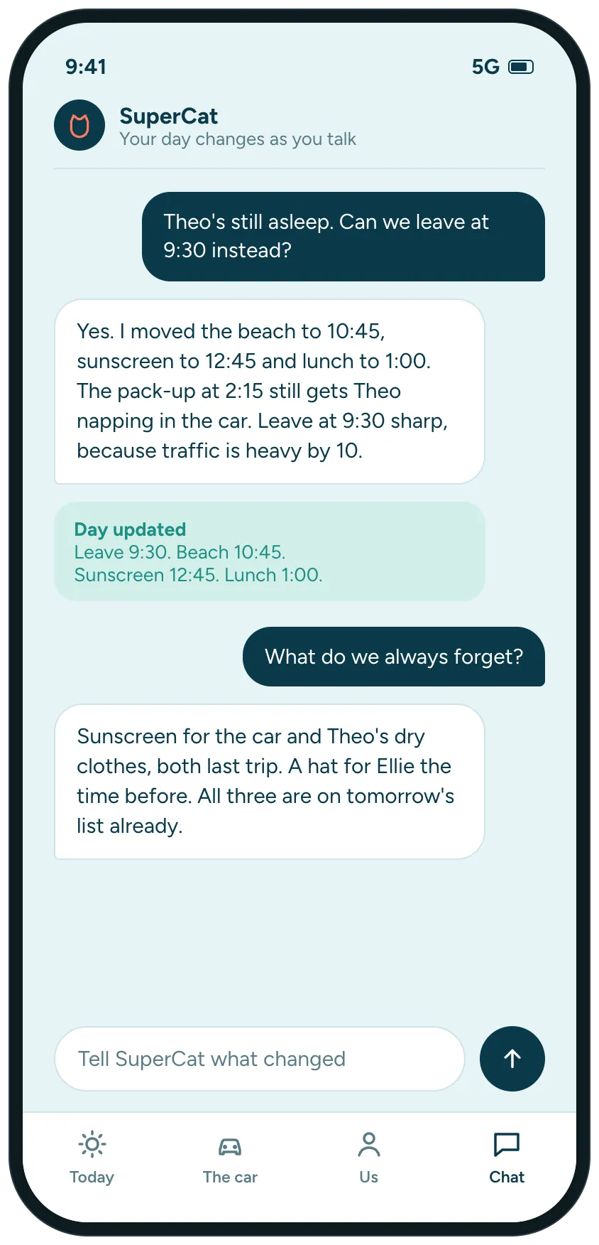 A chat with SuperCat where the parent says the toddler is still asleep, the day moves and SuperCat lists what changed, and where SuperCat reminds them what they always forget.
