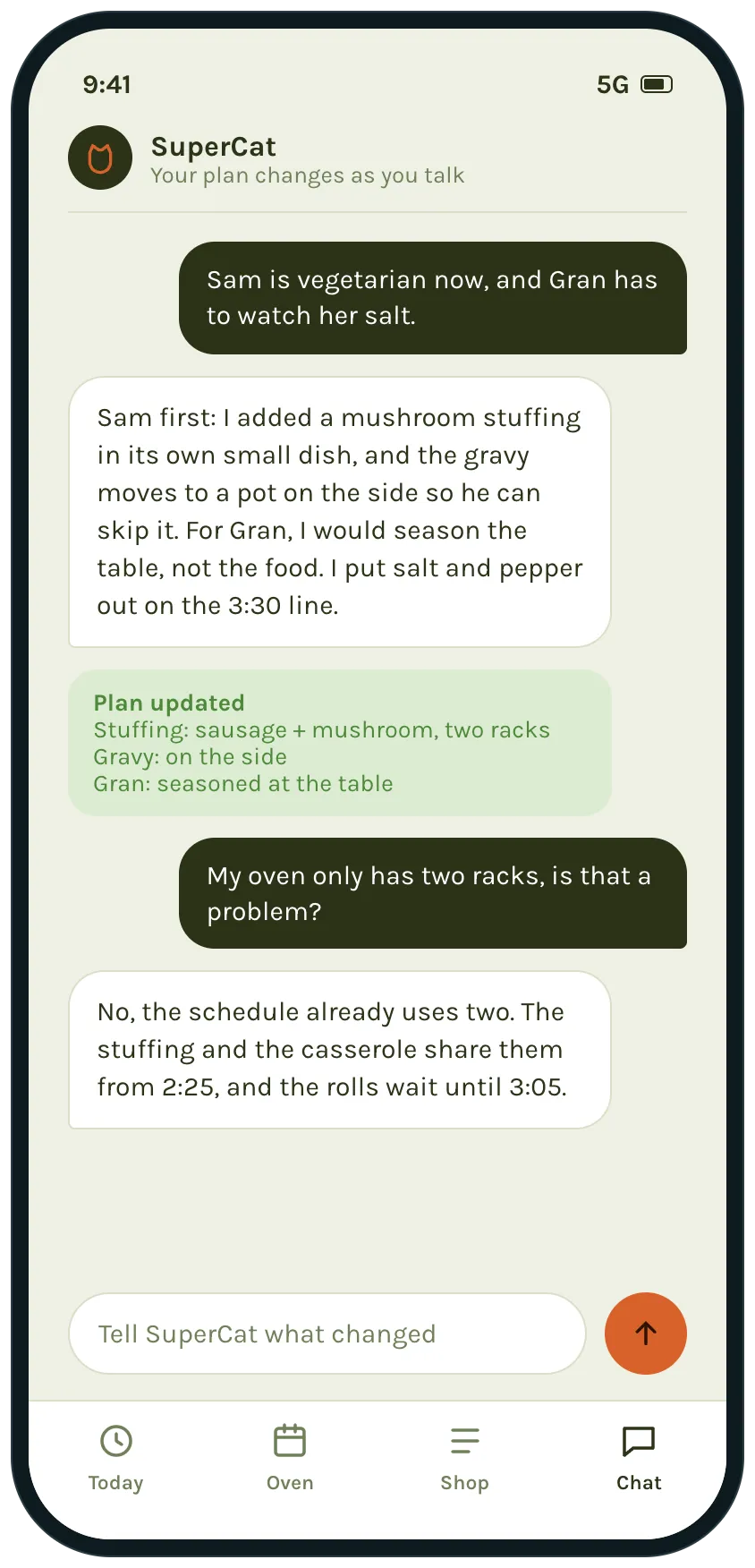 A chat where the host says a guest is vegetarian and another has to watch her salt, and the plan updates with a mushroom stuffing, gravy on the side and a two-rack oven check.