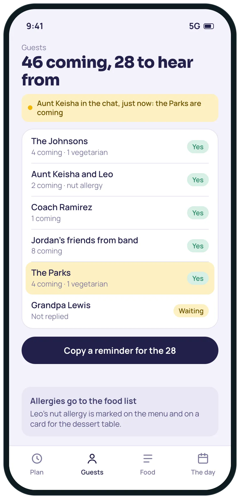 The guest list with the new family highlighted as just added from the chat, 46 coming and 28 still to reply, with allergies noted.