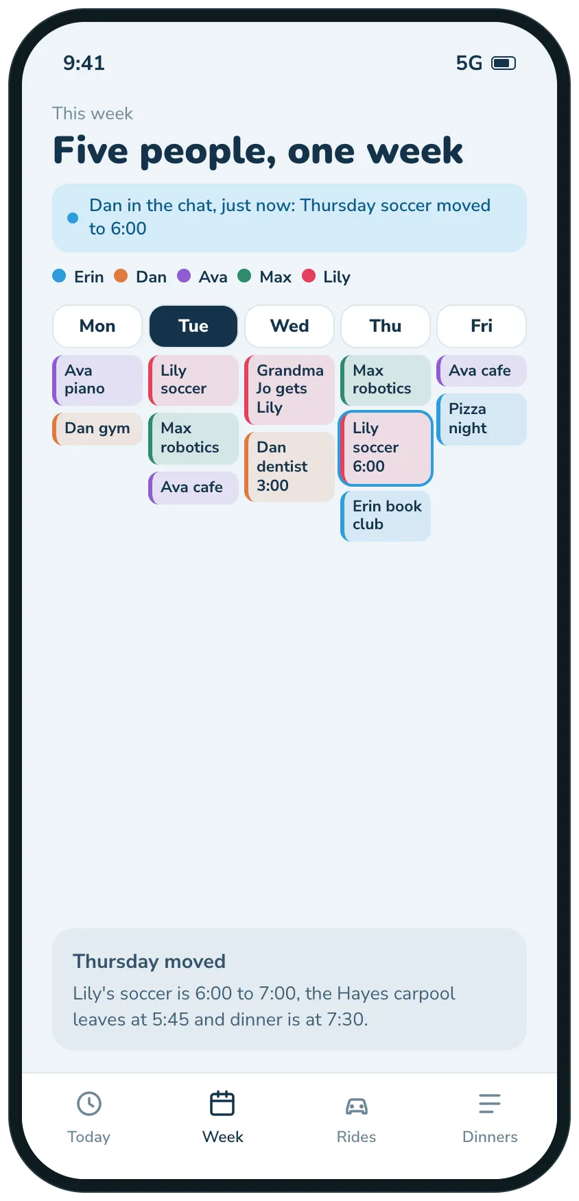 The week view for five people in their own colors, with Thursday soccer highlighted as moved from the chat.