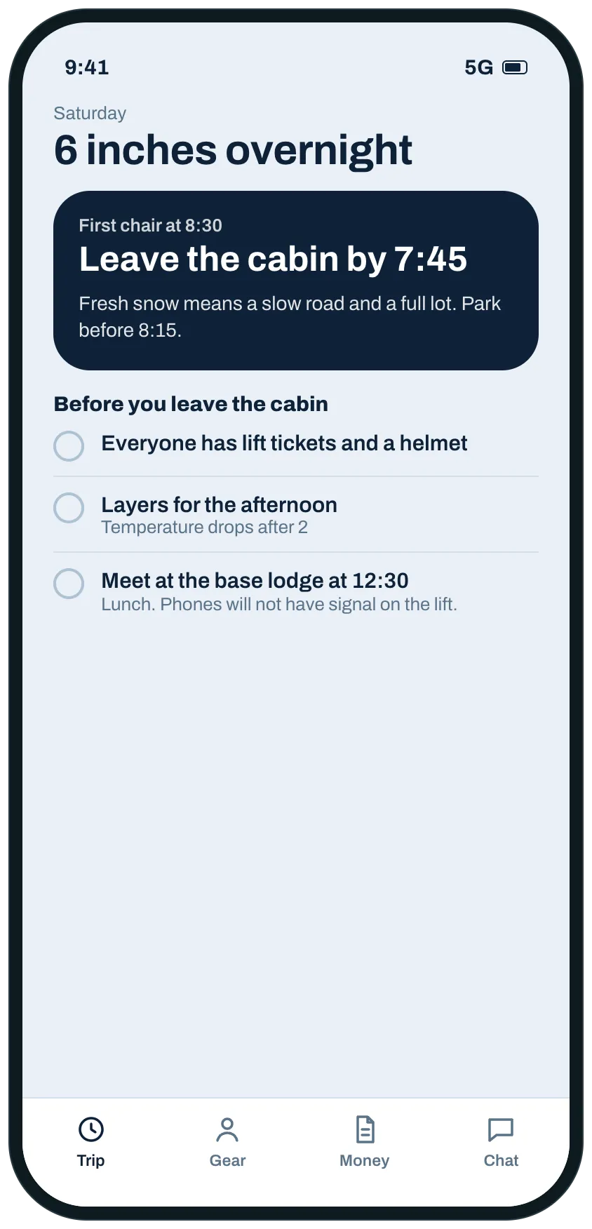 A Saturday morning card with six inches of fresh snow, first chair at 8:30, leave the cabin by 7:45 and a short list of what to have before leaving.