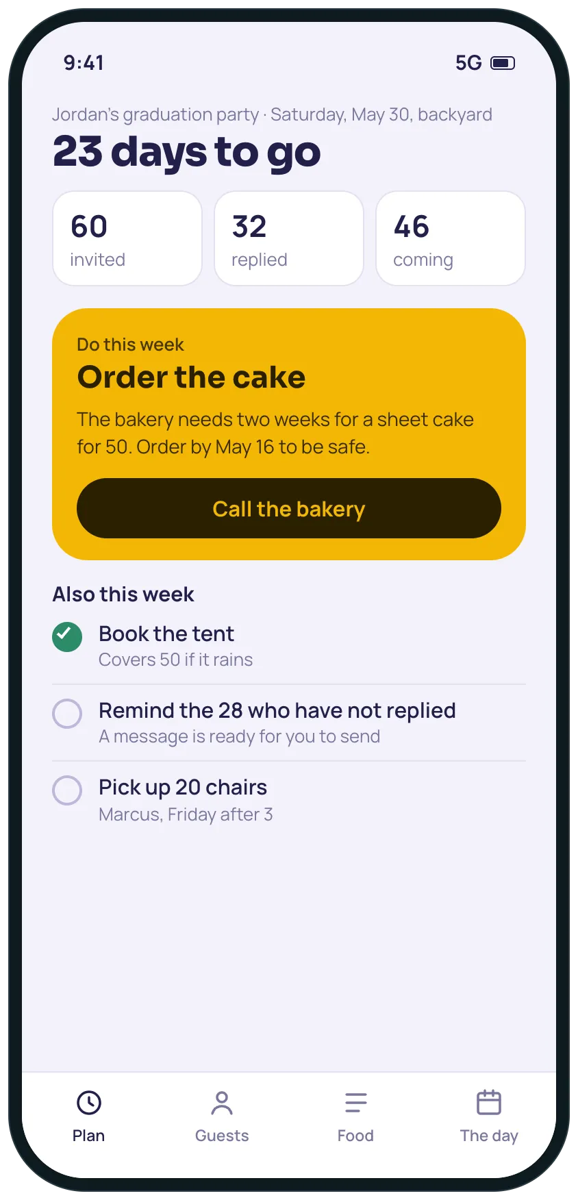 The home screen of the graduation party plan: 23 days to go, 60 invited, 32 replied and 46 coming, and one job this week, order the cake.