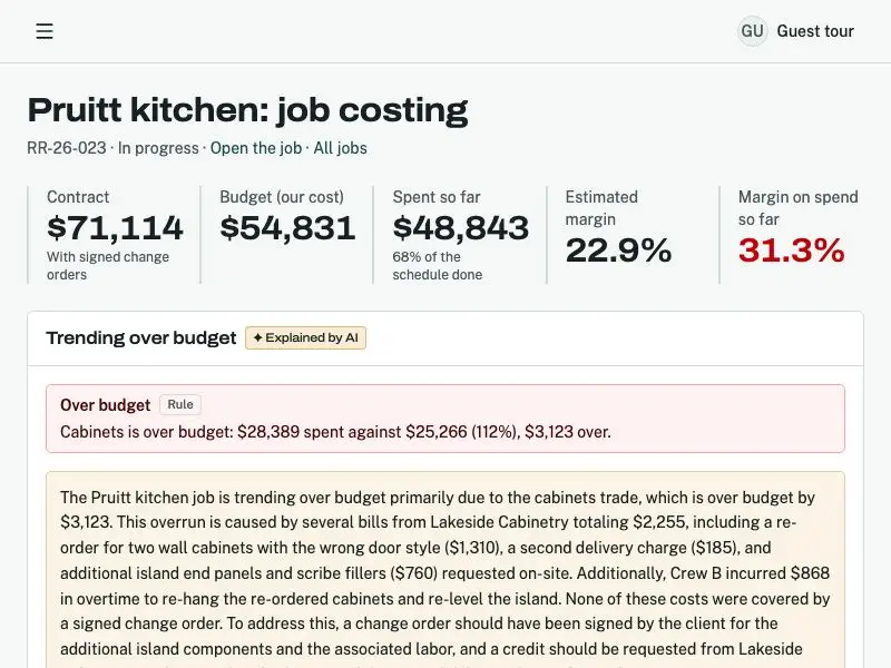 Job costing — Ridgeline Remodeling & Design