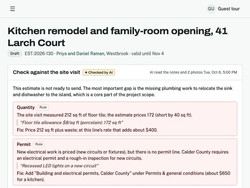 Estimate checked against the site visit — Ridgeline Remodeling & Design